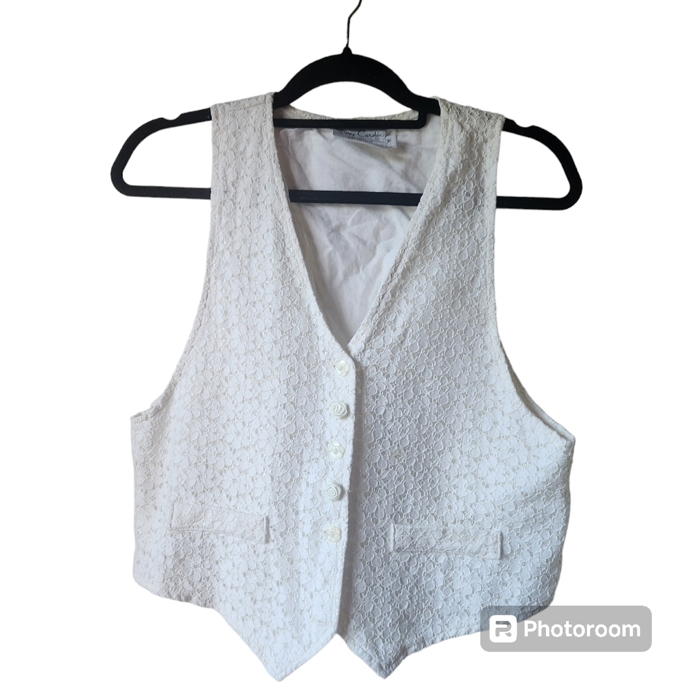 Pierre Cardin Cream Vest, Lace W/Flower Buttons, Tie Back, Sz. M Vintage